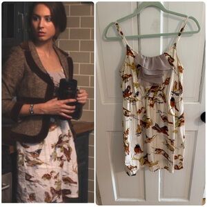 Anthropologie Eloise Bird Print Dress S Cream Ruffle Cami ASO Spencer PLL